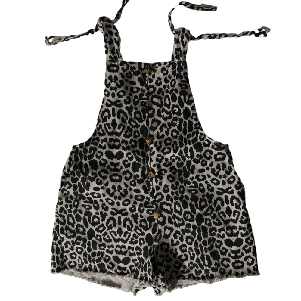 Leopard Romper Low Back Open Side Bow Tie Strap Pockets Animal Print Button New